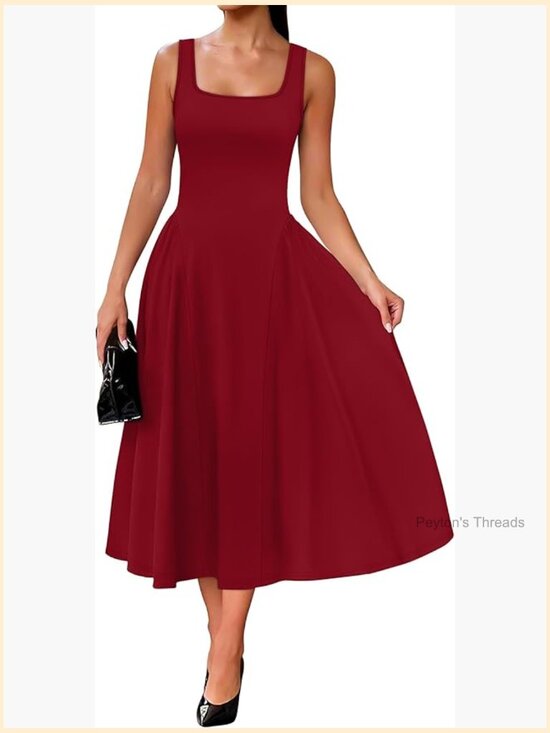 Dresses & Skirts - Square Neck Corset A-Line Maxi Dress Ruffle Ruched Waist Flowy Sleeveless Midi